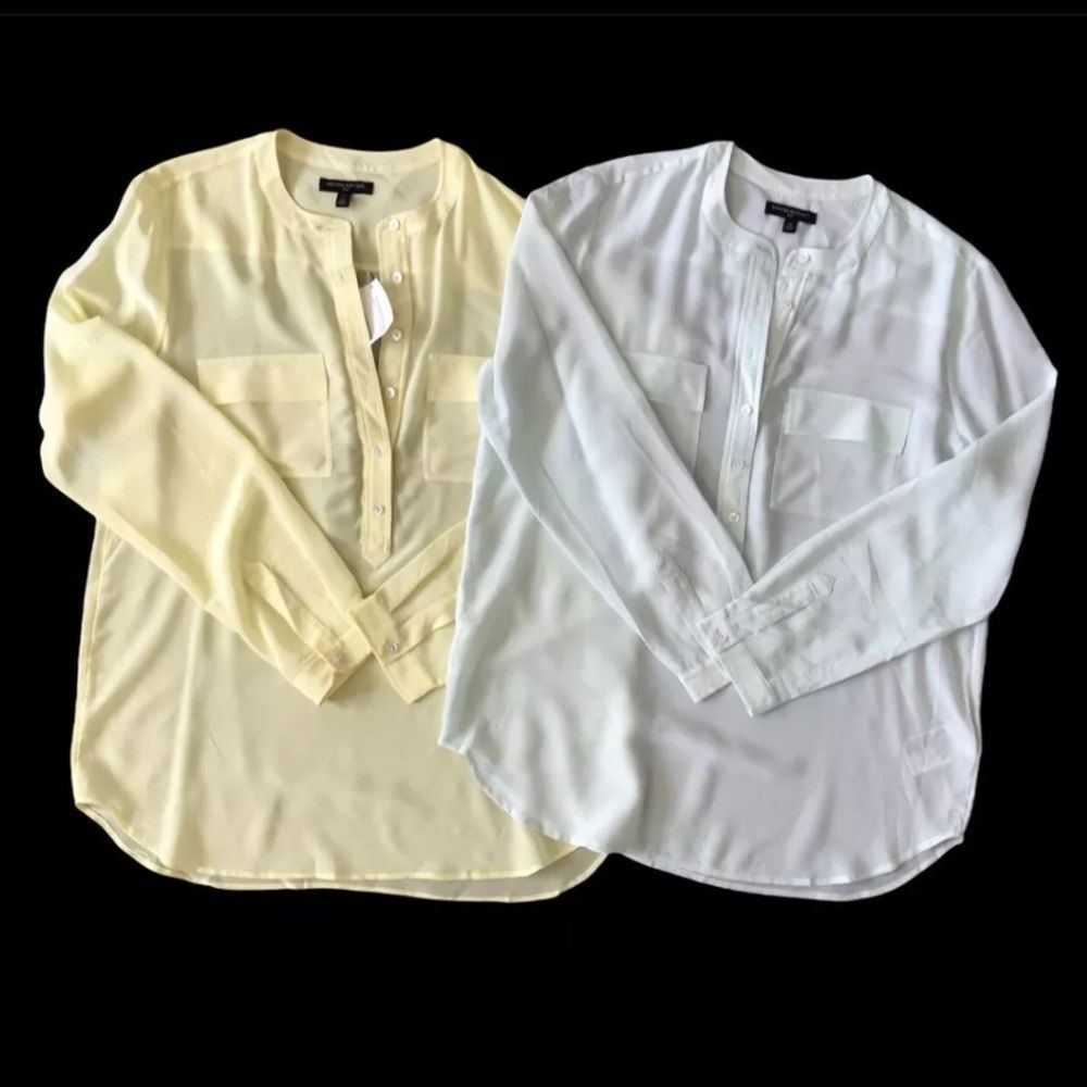 BANANA REPUBLIC Crewneck Button-Front Blouse - Pale Mint Green and Pale Yellow